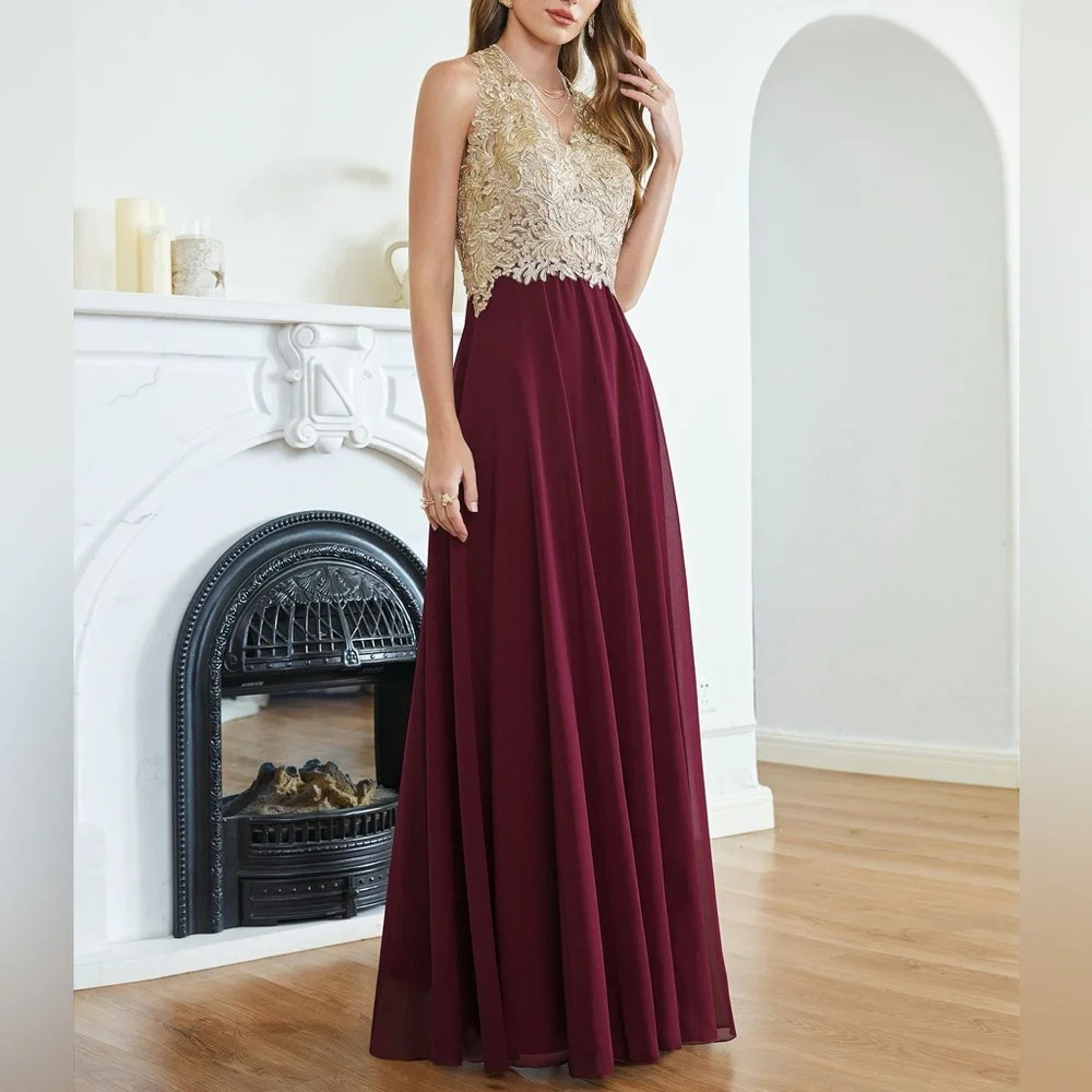 A-Line Chiffon V-Neck Gold Burgundy Dress Full Length Dress Sleeveless small